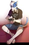  anthro canine clothed clothing headphones hihikori male mammal simple_background sitting smile solo teeth video_games 