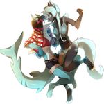  anthro canine clothed clothing duo facial_piercing female female/female fish half-closed_eyes hi_res hihikori kissing mammal marine navel nose_piercing panties piercing shark simple_background underwear white_background 