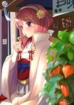  2016 bad_id bad_pixiv_id bangs blurry blush cape chinese_lantern_(plant) coin_(ornament) dango dated depth_of_field eating eyebrows eyebrows_visible_through_hair fire_emblem fire_emblem_if food hair_ornament hairband holding holding_food japanese_clothes kero_sweet knot long_sleeves motion_blur pink_hair plant potted_plant purple_eyes ribbon_trim sakura_(fire_emblem_if) sanshoku_dango sash shade signature solo star tassel wagashi white_cape wide_sleeves wind_chime wooden_wall 