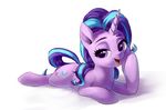  2016 cute cutie_mark equine female feral friendship_is_magic hair horn looking_at_viewer luciferamon lying mammal multicolored_hair my_little_pony on_front open_mouth purple_eyes simple_background solo starlight_glimmer_(mlp) two_tone_hair unicorn white_background 