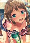  all_fours aqua_eyes baba_konomi bad_id bad_twitter_id bare_shoulders beer_can blurry blush braid breasts brown_hair can cleavage depth_of_field drunk hair_flaps highres idolmaster idolmaster_million_live! long_hair medium_breasts narumi_arata open_mouth single_braid smile solo 