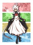  ahoge alternate_costume apron closed_eyes commentary_request curtsey enmaided frills hair_between_eyes jin_(mugenjin) long_hair maid maid_apron maid_headdress ponytail silver_hair skirt smile solo very_long_hair vocaloid voyakiloid yowane_haku 