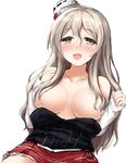  :d blush breasts brown_eyes collarbone don_(29219) eyebrows eyebrows_visible_through_hair grey_hair hair_between_eyes hair_censor hair_over_breasts hat kantai_collection long_hair long_sleeves looking_at_viewer medium_breasts mini_hat miniskirt open_mouth pola_(kantai_collection) red_skirt simple_background skirt smile solo tilted_headwear topless wavy_hair white_background 