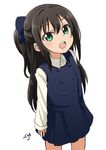  black_hair blue_dress child commentary_request cowboy_shot dress green_eyes idolmaster idolmaster_cinderella_girls long_sleeves looking_at_viewer open_mouth pinafore_dress ponytail shibuya_rin shift_(waage) shirt signature solo younger 
