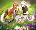  anthro canine clothed clothing duo feline female flower fox hand_holding hihikori male male/female mammal outside plant smile standing 