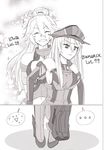  2girls 3: :d ^_^ ahoge ahoge_wag bismarck_(kantai_collection) breasts character_name closed_eyes comic commentary_request detached_sleeves emoticon expressive_hair fingerless_gloves gloves greyscale grin hat headgear height_difference iowa_(kantai_collection) kantai_collection large_breasts lempika lifting_person long_hair looking_at_viewer medium_breasts monochrome multiple_girls open_mouth peaked_cap silent_comic smile sparkle 