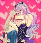  1girl armor artist_name black_panties blush breast_smother breasts camilla_(fire_emblem_if) cleavage closed_eyes fire_emblem fire_emblem_if grey_hair head_on_chest heart hetero hug image_sample large_breasts lips long_hair miyuki_ruria panties pink_background ponytail purple_hair takumi_(fire_emblem_if) twitter_sample underwear 