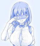  :d ai-chan_(tawawa) apron arm_up blue blush bow bowtie braid breasts buttons card censored collared_shirt covering_eyes eyebrows eyebrows_visible_through_hair fingernails getsuyoubi_no_tawawa himura_kiseki_(style) holding holding_card identity_censor jpeg_artifacts large_breasts monochrome no_bra official_style open_mouth paizuri_invitation parody plaid plaid_apron shirt short_hair short_sleeves side_braid smile solo suspenders text_focus unbuttoned unbuttoned_shirt uni8 upper_body wing_collar 