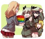  anchovy anzio_military_uniform black_hair black_shirt blonde_hair blue_eyes braid brown_eyes carpaccio commentary food girls_und_panzer green_hair grey_jacket jacket kay_(girls_und_panzer) long_hair military military_uniform miniskirt multiple_girls necktie oono_imo pancake pepperoni_(girls_und_panzer) rainbow red_skirt saunders_school_uniform shirt short_hair side_braid skirt twintails uniform 