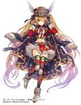  absurdly_long_hair bangs belt blonde_hair boots border_break company_name copyright_name eyebrows eyebrows_visible_through_hair frilled_skirt frills full_body hair_between_eyes hat jacket_on_shoulders knee_pads leg_up long_hair looking_at_viewer madogawa midriff navel official_art one_eye_closed oversized_clothes petticoat red_eyes ribbon shako_cap simple_background skirt smile solo thighhighs twintails very_long_hair white_background wings 