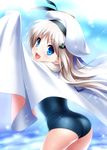  :3 :d ass bat_hair_ornament beret blue_eyes blurry blush cape cowboy_shot depth_of_field fang hair_ornament hat head_tilt little_busters! long_hair noumi_kudryavka one-piece_swimsuit open_mouth school_swimsuit silver_hair smile solo sparkle swimsuit white_hat zen 