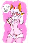  + 2016 4_fingers anthro bat blush breasts claws clipboard clothing cute embarrassed english_text eyelashes female fur hair legwear looking_down mammal nipple_bulge nurse nurse_uniform paper potato_(artist) red_eyes simple_background small_breasts solo speech_bubble standing sweat teeth text thigh_highs uniform white_fur white_hair yellow_nose 