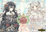  adjusting_hair artist_name bare_shoulders black_hair black_wedding_dress bonnet bouquet bow breasts bridal_veil character_name cleavage dress finger_to_chin flower frilled_dress frills gloves horns isolated_island_oni kantai_collection large_breasts long_hair looking_at_viewer midway_hime multiple_girls pale_skin petals red_eyes ribbon rose rose_petals shinkaisei-kan strapless strapless_dress tamagoboro traditional_media veil very_long_hair wavy_hair wedding wedding_dress white_dress white_gloves white_hair white_skin 