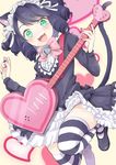  animal_ears bell black_hair blush bow cat_ears cat_tail curly_hair cyan_(show_by_rock!!) fang gothic_lolita green_eyes guitar heart instrument lolita_fashion long_hair looking_at_viewer maid_headdress open_mouth pink_background ringlets show_by_rock!! smile solo striped striped_legwear tail tamatasu thighhighs zettai_ryouiki 