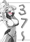  absurdres age_conscious armor blush breast_hold breasts dot_triangle elbow_rest greyscale hand_on_own_cheek high_ponytail highres large_breasts mechanical_halo mechanical_wings mercy_(overwatch) monochrome oldlim open_mouth overwatch pantyhose ponytail simple_background skirt solo spot_color white_background wings 