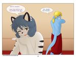  2016 anthro blonde_hair blue_hair blue_scales chao_xiang clothed clothing comic dialogue dragon english_text feline fur girly hair long_hair male mammal naughty_face one_eye_closed ramzryu ramzryu_(character) ramzyuu scales scalie smile stripes text tiger topless towel white_fur white_tiger 