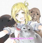  bad_id bad_twitter_id blonde_hair character_name dated happy_birthday long_hair looking_at_viewer love_live! love_live!_sunshine!! nakayama_miyuki ohara_mari open_mouth polka_dot polka_dot_background school_uniform sea_lion seal serafuku smile solo uranohoshi_school_uniform yellow_eyes 