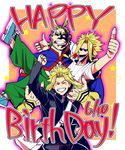  age_progression all_might arm_up bad_id bad_twitter_id blonde_hair bodysuit boku_no_hero_academia carrying clenched_hand closed_eyes gakuran happy_birthday male_focus multiple_boys multiple_persona muscle outside_border oversized_clothes princess_carry school_uniform smile superhero thumbs_up touko_(rinto) u.a._school_uniform yagi_toshinori 