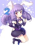  animal_ears bangs blunt_bangs blush bow breasts bunny_ears chuchu_(show_by_rock!!) cleavage countdown detached_collar long_hair looking_at_viewer medium_breasts mitsuki_meiya number purple_bow purple_eyes purple_hair show_by_rock!! simple_background smile solo spoken_number 