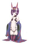  bob_cut breasts collarbone eyebrows eyebrows_visible_through_hair fang fate/grand_order fate_(series) goekawa hair_ornament hikimayu horns japanese_clothes kneeling looking_at_viewer navel off_shoulder oni oni_horns open_mouth purple_eyes purple_hair short_hair shuten_douji_(fate/grand_order) simple_background small_breasts solo thighhighs white_background wide_sleeves 