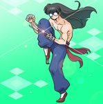  balrog balrog_(cosplay) black_hair chinese_clothes claw_(weapon) cosplay fighting_stance full_body glasses long_hair male_focus mousse muscle ranma_1/2 ribs sash shirtless solo standing standing_on_one_leg street_fighter wanta_(futoshi) weapon 