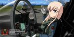  ahoge aircraft artist_name blonde_hair blue_eyes cloud cockpit controller day ef_typhoon eurofighter_typhoon german gloves grass hanna-justina_marseille helmet hose joystick long_hair looking_at_viewer luftwaffe military military_base military_uniform outdoors pilot_suit runway signature sitting sky smile solo strike_witches tree uniform world_witches_series zero_(73ro) 