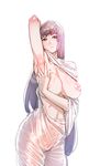  arm_up armpits blue_eyes blue_hair bow_(bhp) breasts circlet gigantic_breasts long_hair nipples original simple_background solo spread_armpit very_long_hair white_background 