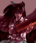  arm_cannon bangs black_hair black_wings bow brown_eyes cape collar eyebrows eyebrows_visible_through_hair frilled_shirt frilled_shirt_collar frills gengoroumaru_(ambidextrous) green_bow green_skirt hair_bow holding holding_weapon long_hair looking_at_viewer puffy_short_sleeves puffy_sleeves reiuji_utsuho shirt short_sleeves simple_background skirt solo third_eye touhou upper_body weapon wings 