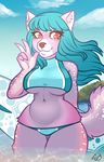 2016 anthro blue_hair breasts cleavage clothed clothing cloud digital_media_(artwork) female fur hair infected-ellis midriff navel outside partially_submerged pink_eyes pink_fur portrait sky solo swimsuit three-quarter_portrait v_sign water white_markings 