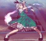  action bangs black_hairband bloom blunt_bangs dual_wielding fog frilled_skirt frills full_body gengoroumaru_(ambidextrous) ghost green_eyes hair_ribbon hairband hitodama holding holding_weapon katana konpaku_youmu konpaku_youmu_(ghost) looking_at_viewer looking_down puffy_short_sleeves puffy_sleeves ribbon scabbard sheath short_hair short_sleeves silver_hair skirt skirt_set solo stairs standing sword touhou twisted_torso vest weapon 