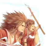  artist_name bell blue_eyes brown_hair child closed_eyes father_and_son fatherly fire_emblem fire_emblem_if hasuyawn japanese_clothes katana long_hair multiple_boys open_mouth polearm raijintou_(sword) ryouma_(fire_emblem_if) shinonome_(fire_emblem_if) simple_background spear sword teeth weapon white_background 