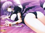  5pb. animal_ears ass bandages bat bat_wings bed_sheet belt blood breasts cat_ears cocoa_(phantom_breaker) copyright_name cosplay ears fingernails fringe_trim high_heels highres knees_up large_breasts legs legs_together leotard long_fingernails long_hair looking_at_viewer looking_back lying non-web_source official_art on_stomach open_mouth phantom_breaker poster purple_hair red_eyes scan scan_artifacts socks solo star starry_background suzuhira_hiro watermark white_legwear wings 