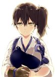  blush brown_eyes brown_hair gloves hands_clasped japanese_clothes kaga_(kantai_collection) kantai_collection long_hair looking_at_viewer muneate nakayama_miyuki own_hands_together partly_fingerless_gloves side_ponytail simple_background single_glove solo tasuki yugake 