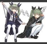  ;&lt; anchovy anzio_school_uniform bangs belt black_footwear black_skirt blush cape commentary_request dress_shirt drill_hair emblem girls_und_panzer green_hair gufu_(guffuumu) hair_between_eyes hair_ribbon letterboxed loafers long_hair long_sleeves miniskirt multiple_views necktie one_eye_closed pantyhose pleated_skirt red_eyes ribbon riding_crop shirt shoes skirt smile squatting translation_request twin_drills twintails v white_legwear white_shirt 