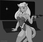  1993 anthro cat doug_winger feline female gun looking_at_viewer mammal monochrome ranged_weapon solo weapon 