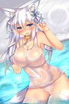  animal_ears blue_eyes collar commentary_request dog_collar fox_ears fox_tail highres kutan long_hair mizuki_(kutan) one-piece_swimsuit original pool school_swimsuit see-through solo swimsuit tail thighhighs twintails wading water wet wet_clothes wet_swimsuit white_hair white_school_swimsuit white_swimsuit 