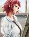  breasts canvas_(object) daiwa_(daicon) easel green_eyes highres katawa_shoujo large_breasts mouth_hold necktie paint_on_face paintbrush painting red_hair short_hair solo tezuka_rin 