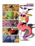  &gt;:) :d arm_behind_back armor barefoot blue_skin brown_hair burter captain_ginyu clenched_hand collarbone dragon_ball dragon_ball_z fang frieza ginyu_force gloves green_skin grin guldo hand_on_own_chin highres horns jeice leg_armor multiple_boys muscle no_pupils open_mouth pink_skin purple_skin recoome red_eyes red_skin scouter shinomiya_akino smile tail teeth v-shaped_eyebrows veins white_hair 