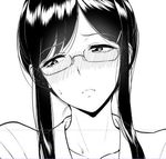  bangs bifidus blush commentary_request glasses greyscale head_only looking_to_the_side lowres monochrome nose_blush original parted_bangs parted_lips sidelocks sketch solo sweatdrop white_background 