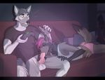  2016 anthro balls black_fur bottomless butt canine chest_tuft clothed clothing controller dog drmax duo fellatio fur game_controller gaming green_eyes grey_fur hair husky inside knot leg_grab lying male male/male mammal on_front oral oral_penetration penetration penis penis_grab purple_hair raccoon saliva sex shirt sitting sofa surprise tank_top tuft underwear white_fur 