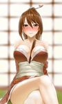  akali areola_slip areolae arms_at_sides bangs bare_shoulders between_breasts blurry blush breasts brown_eyes brown_hair closed_mouth collarbone crossed_legs depth_of_field eyebrows eyebrows_visible_through_hair fan folding_fan grey_lipstick hair_between_eyes hair_ornament hair_stick highres large_breasts league_of_legends lipstick long_hair long_sleeves looking_at_viewer makeup mr_yah obi off_shoulder ponytail sash shouji sitting sliding_doors solo wide_sleeves 