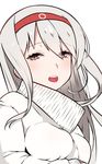  :o bad_id bad_twitter_id blush breast_hold breasts close-up hairband half-closed_eyes highres kantai_collection long_hair long_sleeves looking_at_viewer medium_breasts mitsudoue open_mouth red_eyes round_teeth shoukaku_(kantai_collection) simple_background solo sweater teeth turtleneck upper_body white_background white_hair 