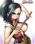  amania_orz angry arm_up bangs bare_arms bare_shoulders belt beltskirt black_hair blue_eyes blush boku_no_hero_academia breasts center_opening character_name cleavage collarbone cowboy_shot drawing_sword from_side glaring halterneck hand_on_own_chest high_ponytail holding holding_sword holding_weapon impaled large_breasts leotard looking_at_viewer looking_to_the_side medium_hair navel parted_lips pinky_out ponytail red_leotard shiny shiny_hair shiny_skin simple_background solo standing sword triangle_mouth turtleneck v-shaped_eyebrows weapon white_background wide_ponytail yaoyorozu_momo 