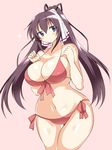  bikini black_hair breasts cleavage high_ponytail highres infinite_stratos large_breasts long_hair navel pink_background red_bikini shinonono_houki side-tie_bikini simple_background solo swimsuit thighs wedge wide_hips 