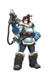  absurdres arnold_tsang beads belt black-framed_eyewear blue_gloves boots brown_eyes brown_hair drone full_body fur_boots fur_coat glasses gloves gun hair_bun hair_ornament hair_stick highres holding holding_weapon mei_(overwatch) official_art overwatch print_legwear robot short_hair snowball_(overwatch) solo transparent_background utility_belt weapon winter_clothes 