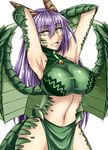  armpits arms_behind_head arms_up breasts cowboy_shot dragon_(monster_girl_encyclopedia) dragon_girl dragon_wings green_wings horns large_breasts long_hair looking_at_viewer monster_girl monster_girl_encyclopedia navel open_mouth pelvic_curtain purple_hair sanmotogoroo scales simple_background slit_pupils solo tail white_background wings yellow_eyes 