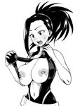  areolae blush boku_no_hero_academia breasts commentary_request greyscale large_breasts long_hair monochrome monpuchi nipples no_bra open_mouth ponytail scan simple_background skirt solo yaoyorozu_momo 