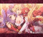  asahina_mirai bare_shoulders blonde_hair blush closed_eyes cure_magical cure_miracle hat heart highres inoshishi_(ikatomo) izayoi_liko letterboxed long_hair magical_girl mahou_girls_precure! mini_hat mini_witch_hat multiple_girls open_mouth pink_eyes precure purple_hair ruby_style side_ponytail smile witch_hat 