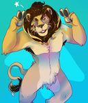 anthro blue_background candychameleon fangs featureless_crotch feline hi_res lion looking_at_viewer male mammal nude one_eye_closed simple_background smile solo teeth 