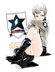  2016 bad_id bad_twitter_id bomber_jacket boots brown_eyes callan_(callancoe) dated emblem freckles girls_und_panzer grey_hair jacket military military_uniform naomi_(girls_und_panzer) saunders_(emblem) saunders_military_uniform short_hair sitting sketch solo thighs uniform very_short_hair white_background 